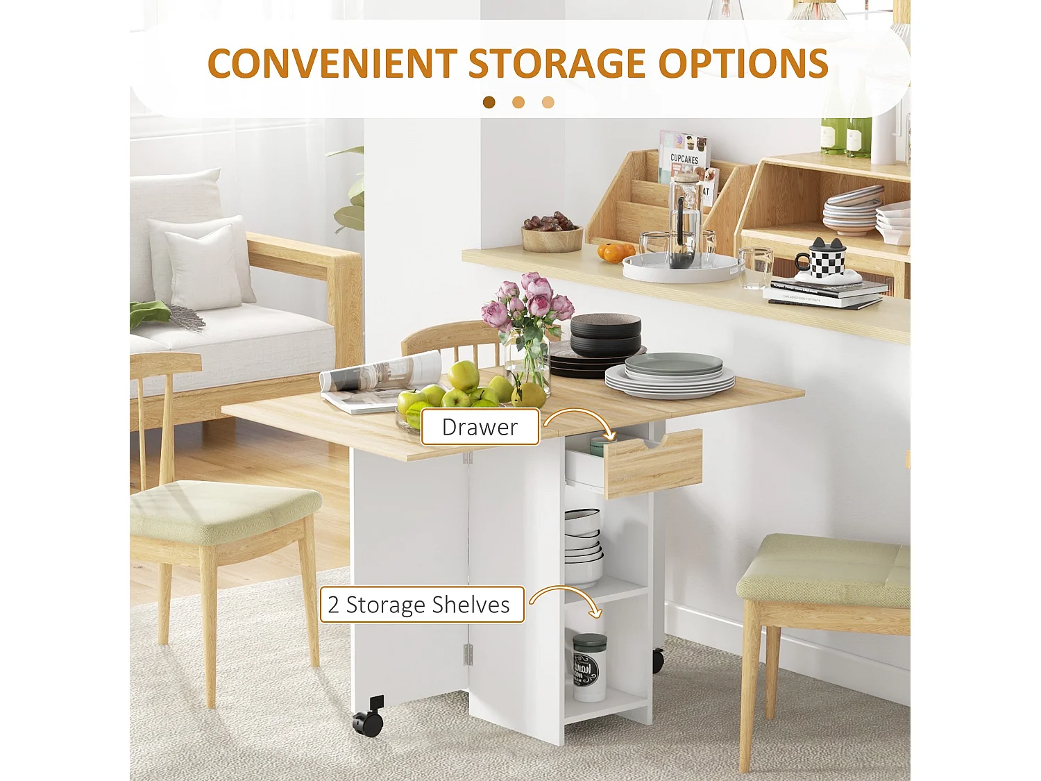 Coyova Oak and White Drop Leaf Dining Table with Drawer and Shelves