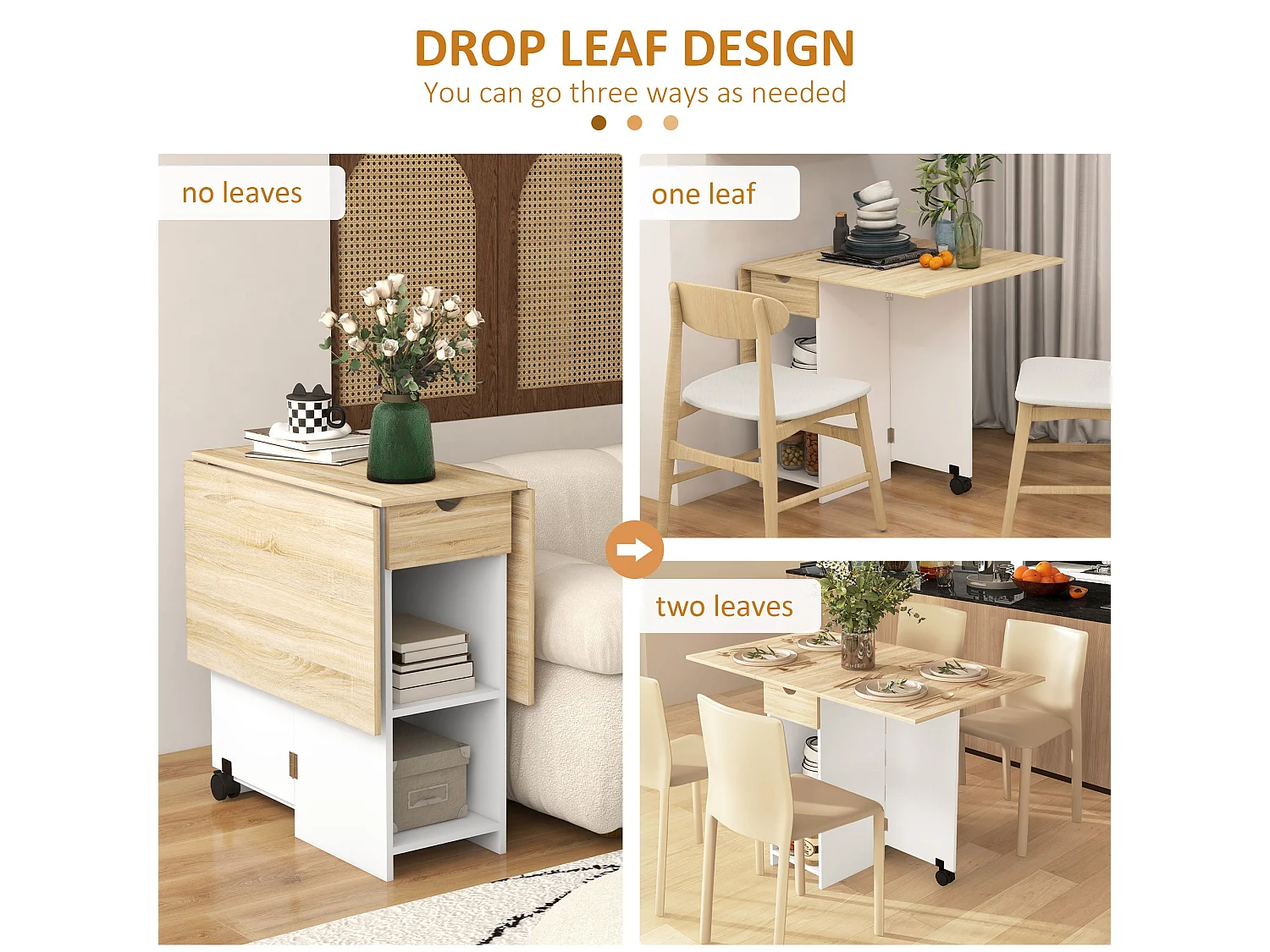 Coyova Oak and White Drop Leaf Dining Table with Drawer and Shelves
