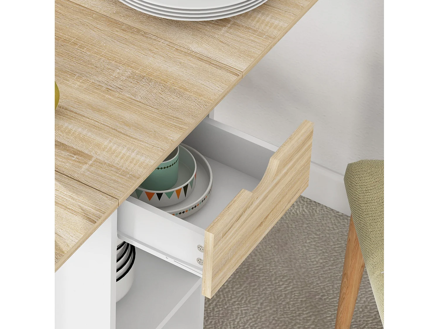 Coyova Oak and White Drop Leaf Dining Table with Drawer and Shelves