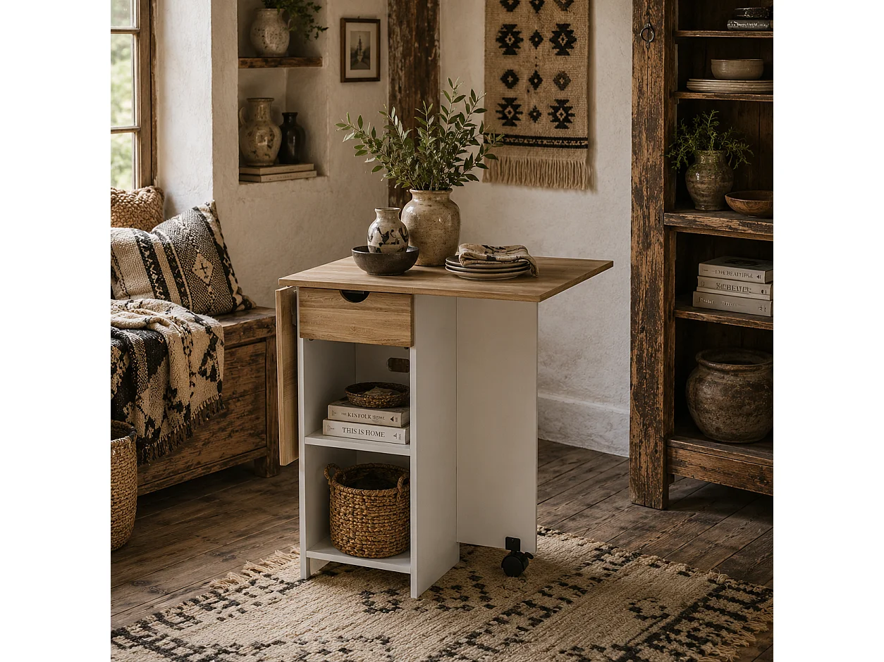Coyova Oak and White Drop Leaf Dining Table with Drawer and Shelves