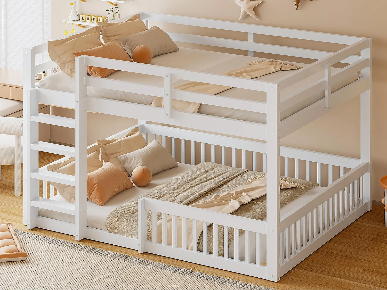 Bunk Bed 160 x 200 cm - with Safety Rails - with Slatted Base - White (Mattress Not Included)