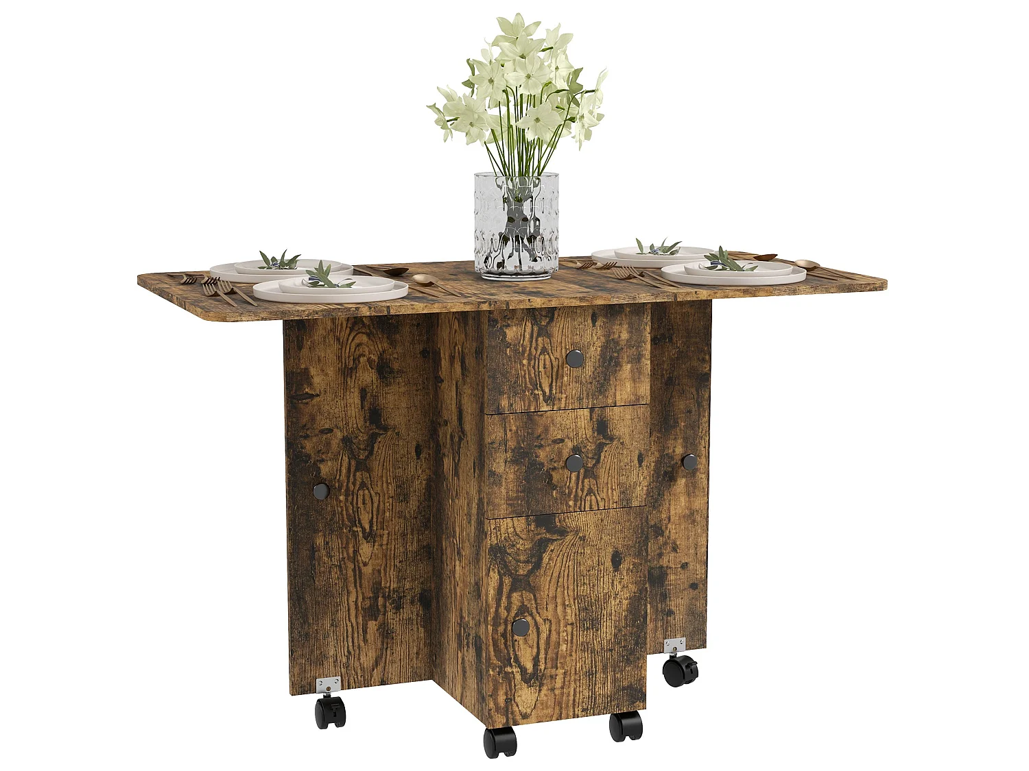 Lasado Rustic Brown Drop Leaf Dining Table with Storage Seats 6