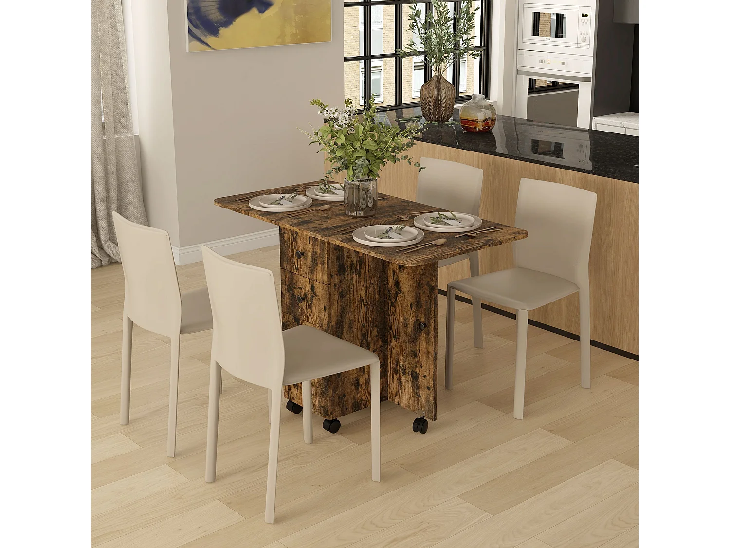 Lasado Rustic Brown Drop Leaf Dining Table with Storage Seats 6