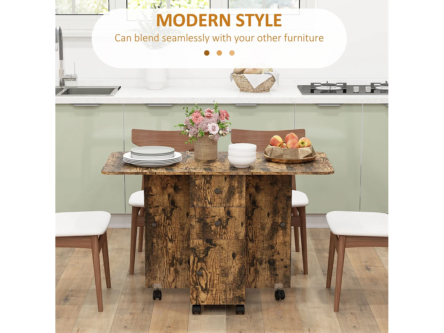 Lasado Rustic Brown Drop Leaf Dining Table with Storage Seats 6