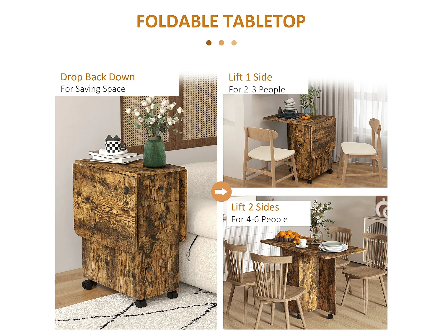 Lasado Rustic Brown Drop Leaf Dining Table with Storage Seats 6