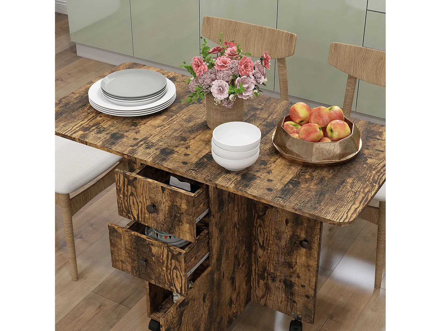Lasado Rustic Brown Drop Leaf Dining Table with Storage Seats 6