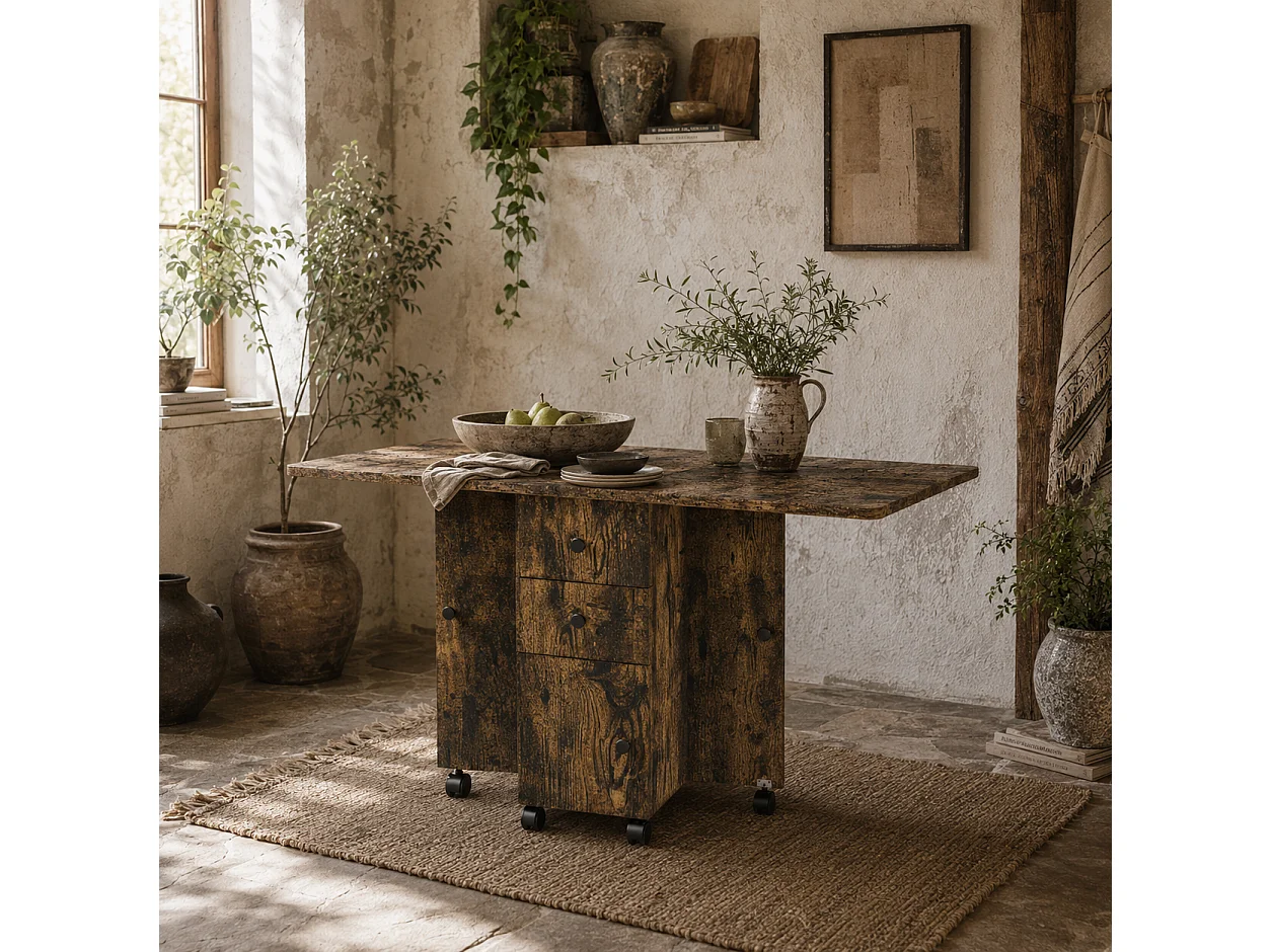Lasado Rustic Brown Drop Leaf Dining Table with Storage Seats 6