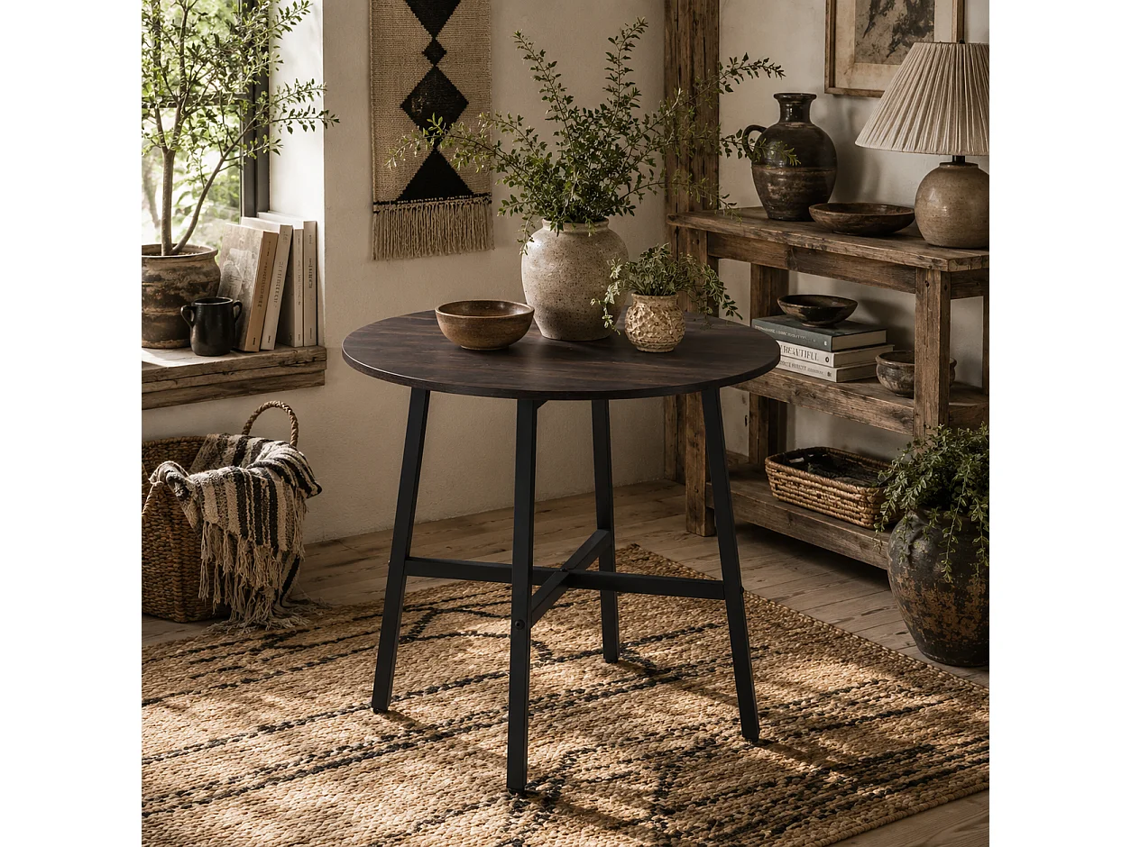 Vizina Rustic Brown Round Industrial Dining Table 80cm