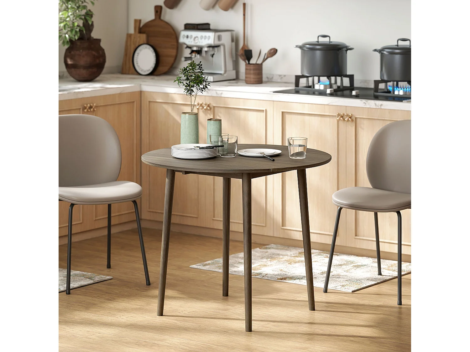 Harapa Grey Wood Grain Round Drop Leaf Dining Table Seating 4