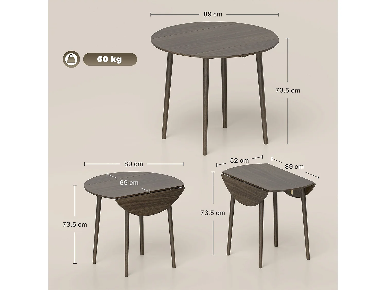 Harapa Grey Wood Grain Round Drop Leaf Dining Table Seating 4