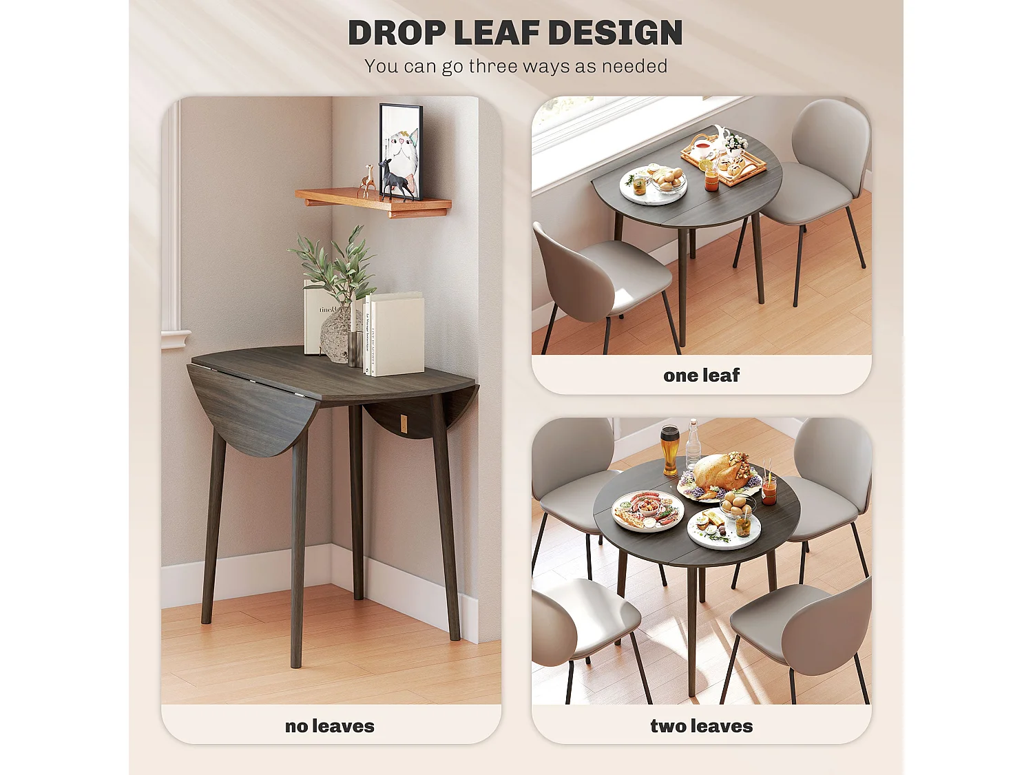 Harapa Grey Wood Grain Round Drop Leaf Dining Table Seating 4