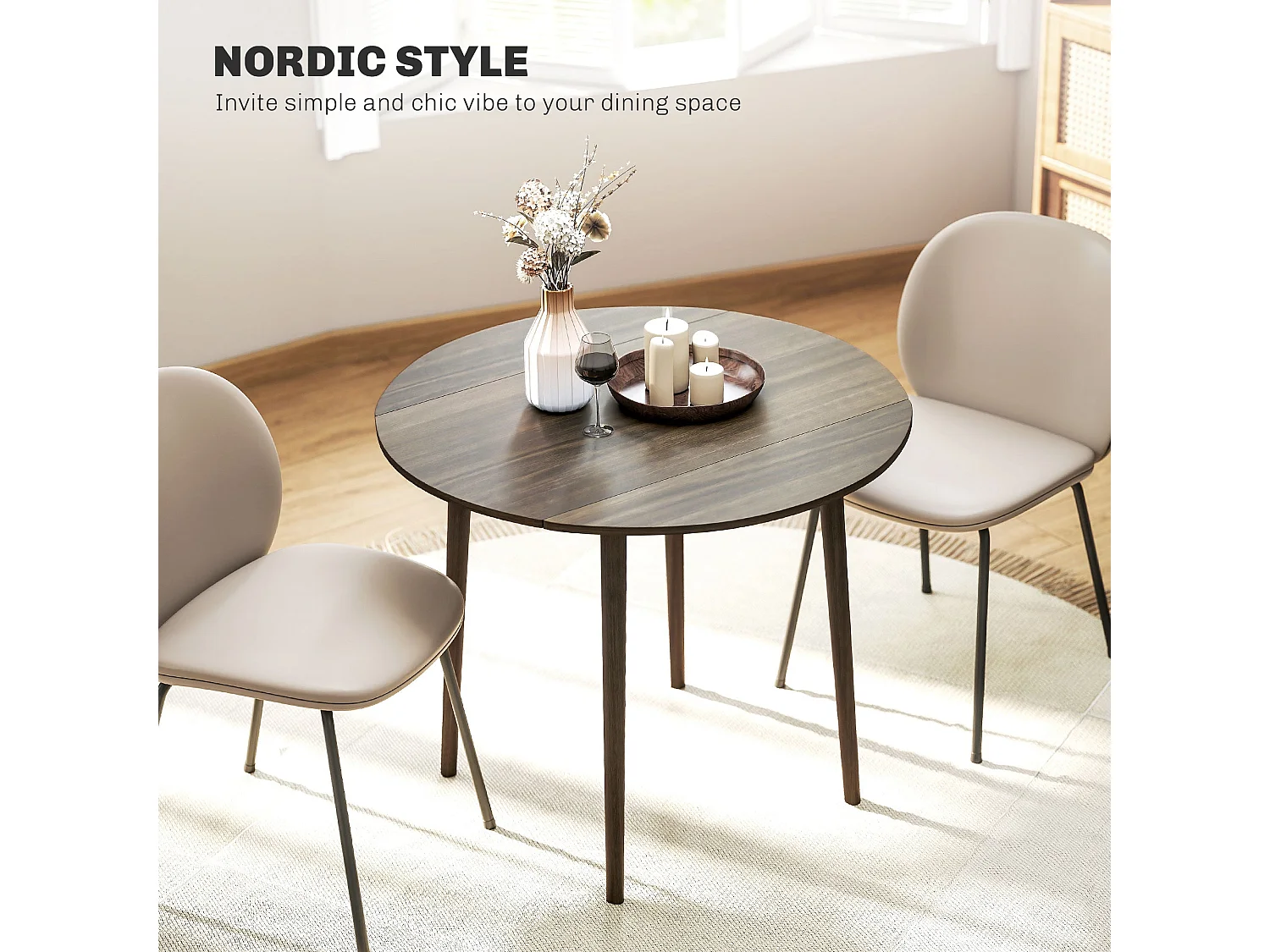 Harapa Grey Wood Grain Round Drop Leaf Dining Table Seating 4