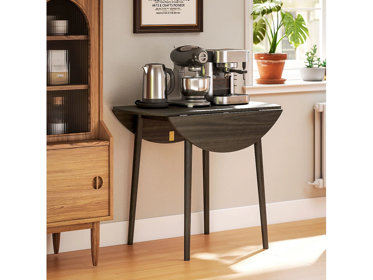 Harapa Grey Wood Grain Round Drop Leaf Dining Table Seating 4