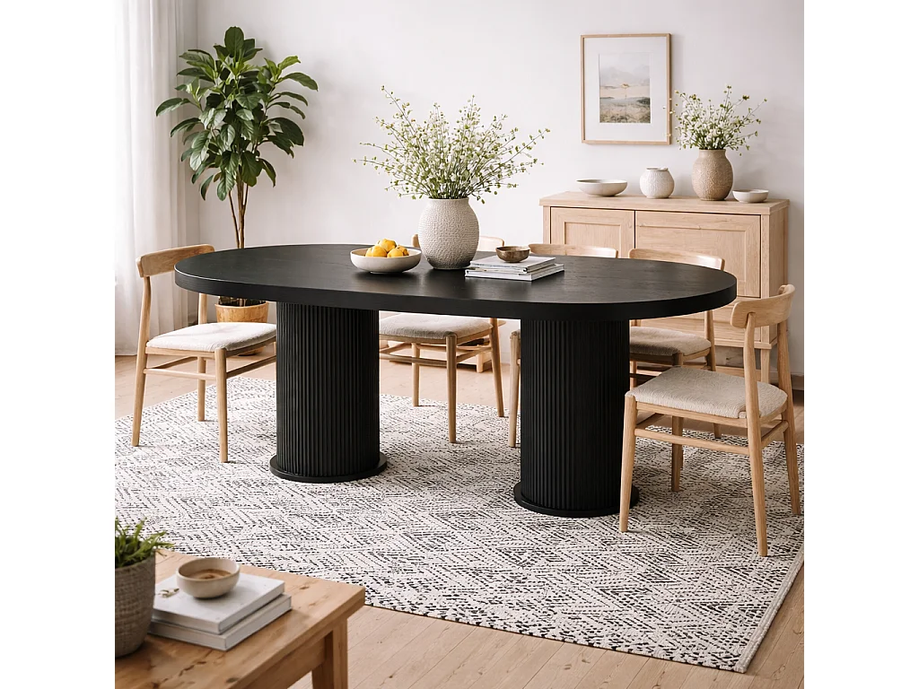 Kanturk Black Wooden Dining Table 220cm Rectangular Pedestal with Ribbed Base