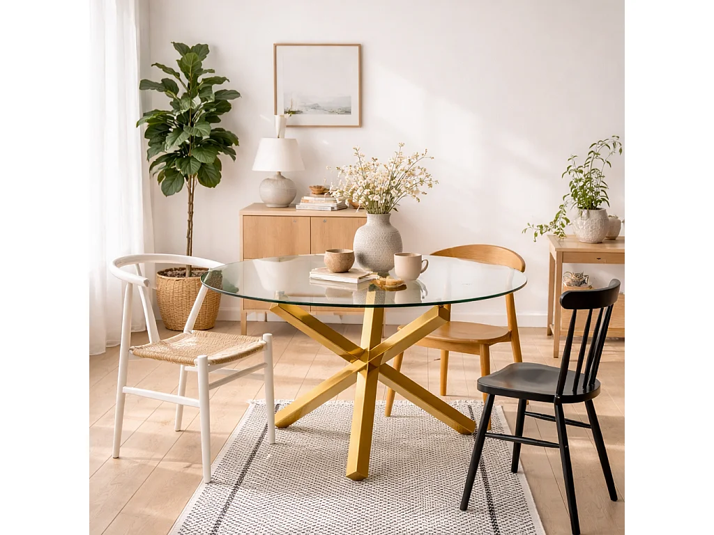 San Sebastian Round Dining Table 120cm Clear Glass Top and Polished Gold Metal Base 4 Seater