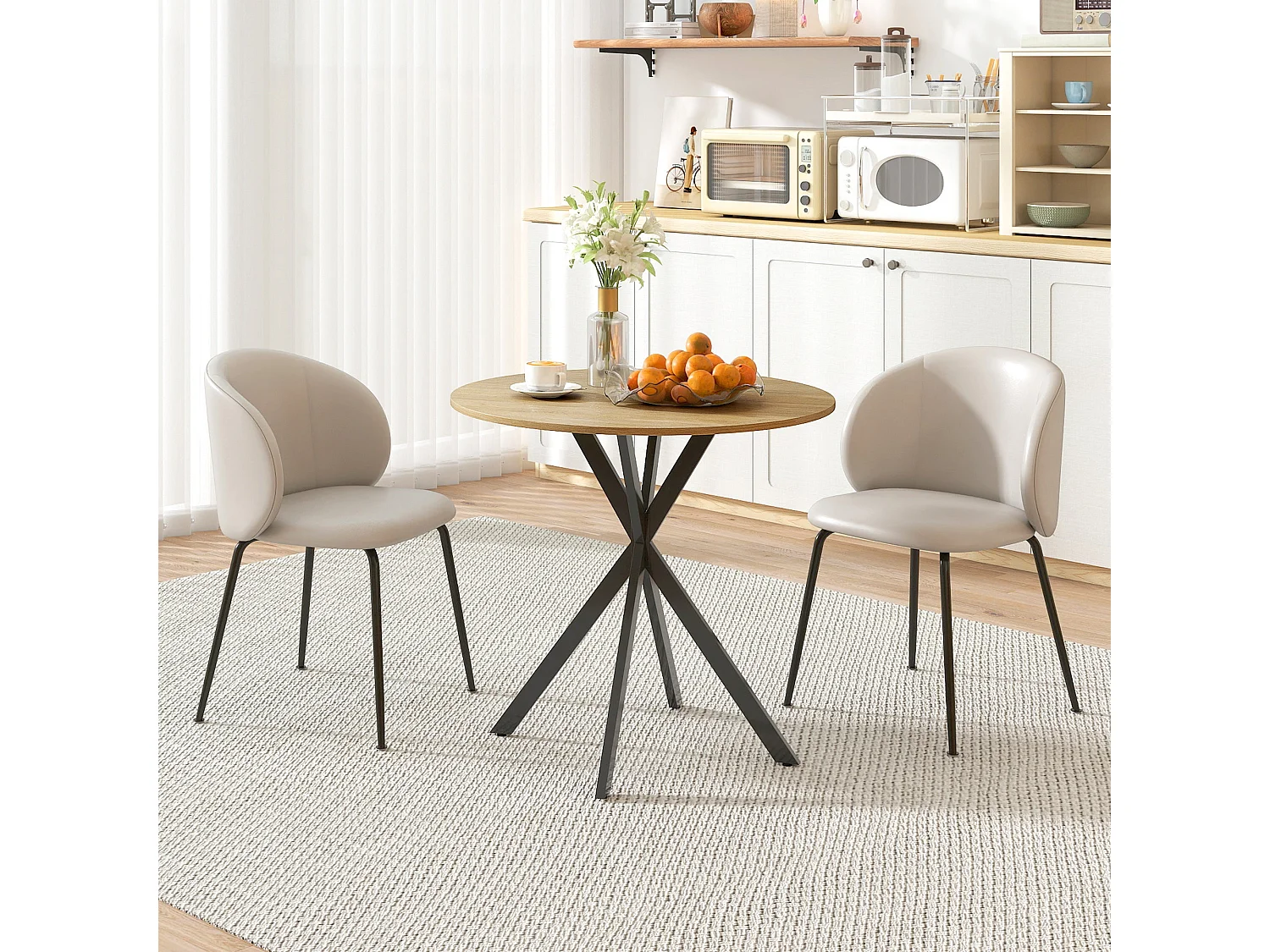 Mihafi 80cm Round Dining Table Oak Effect Top Black Metal Cross Leg