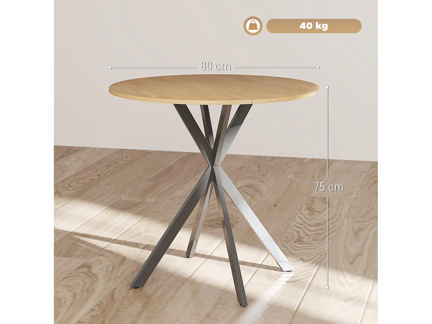 Mihafi 80cm Round Dining Table Oak Effect Top Black Metal Cross Leg