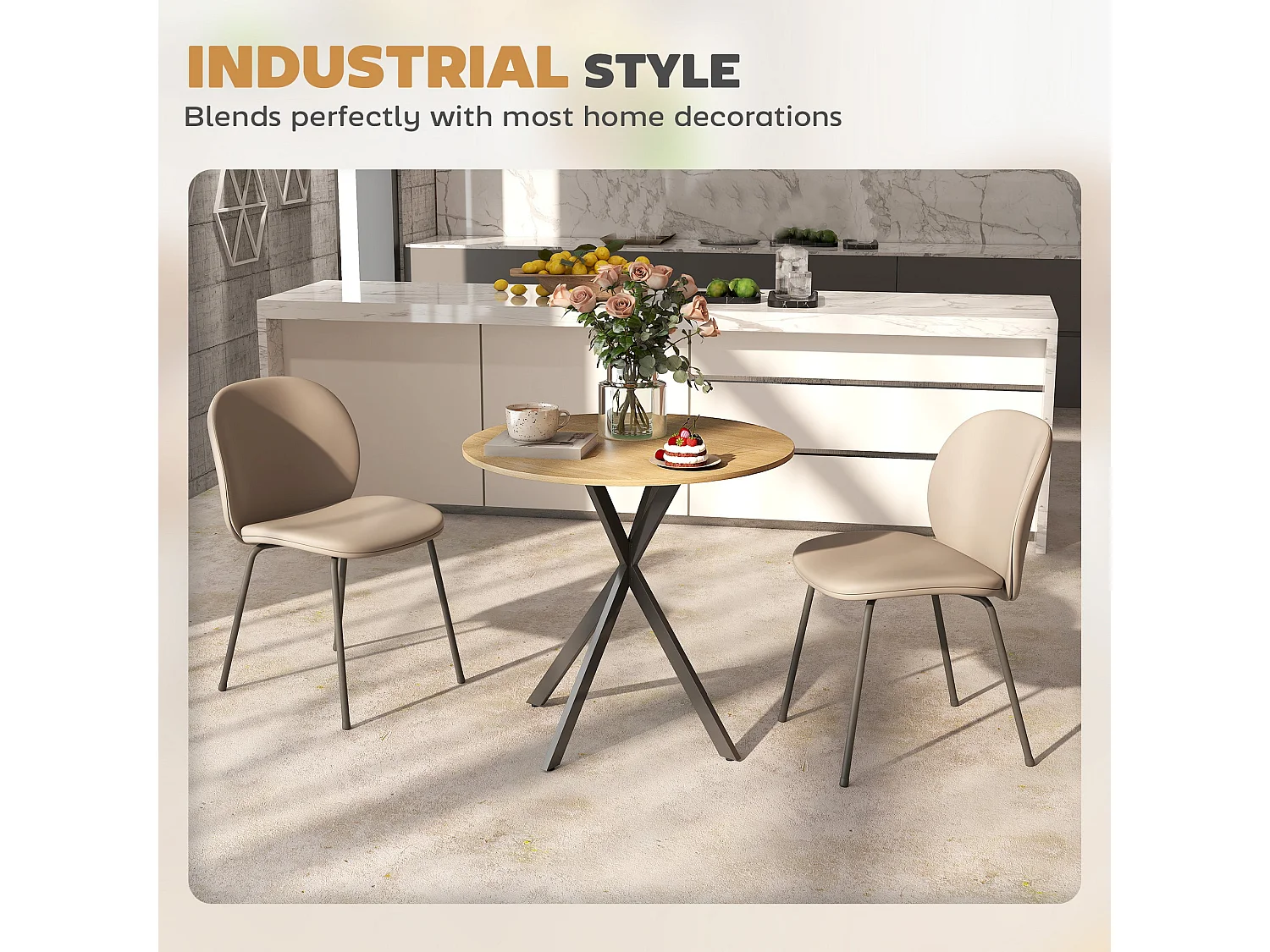 Mihafi 80cm Round Dining Table Oak Effect Top Black Metal Cross Leg