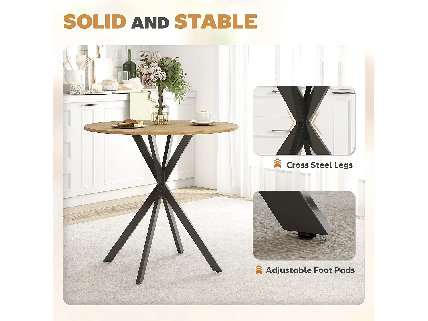 Mihafi 80cm Round Dining Table Oak Effect Top Black Metal Cross Leg