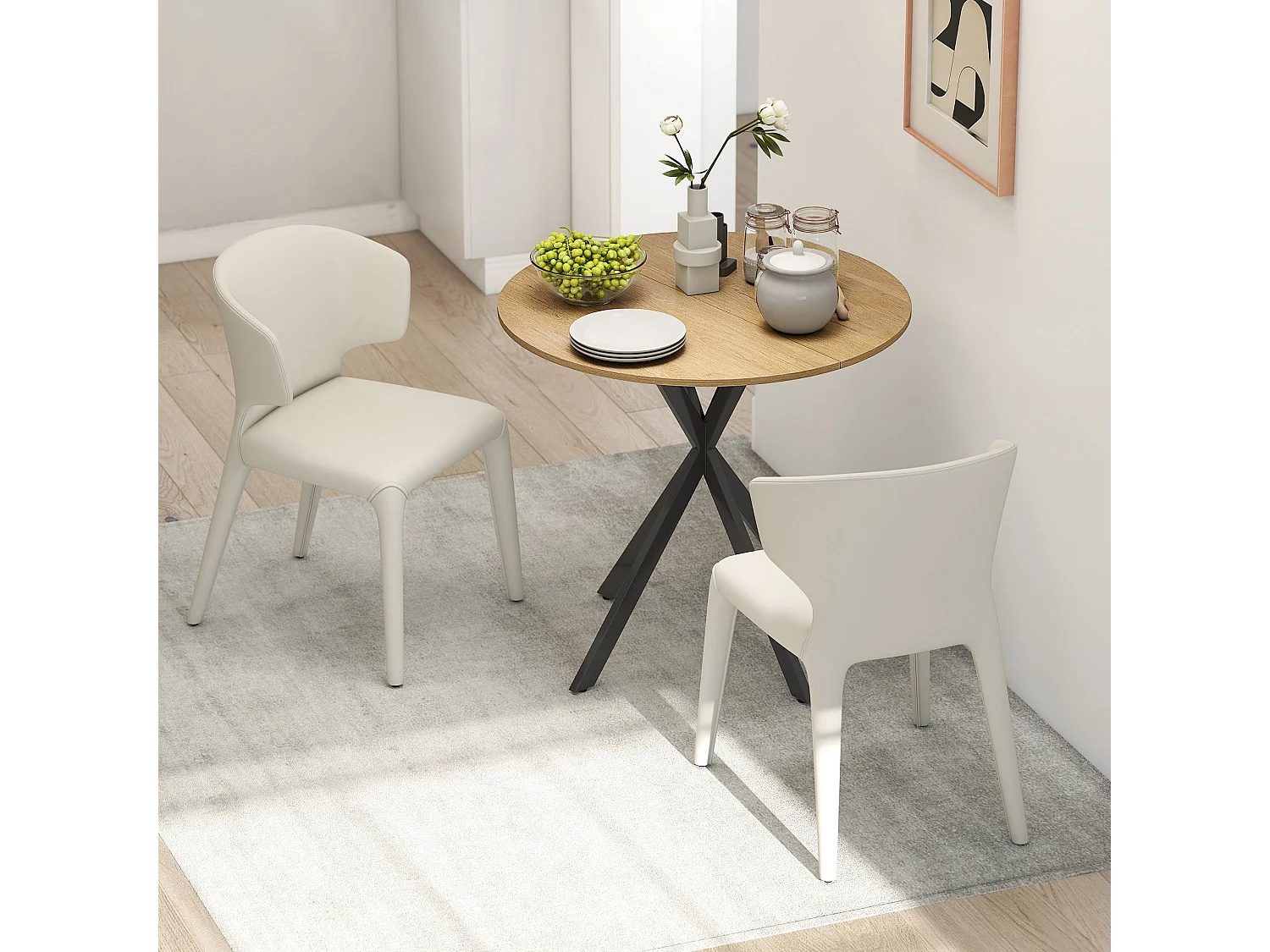 Mihafi 80cm Round Dining Table Oak Effect Top Black Metal Cross Leg