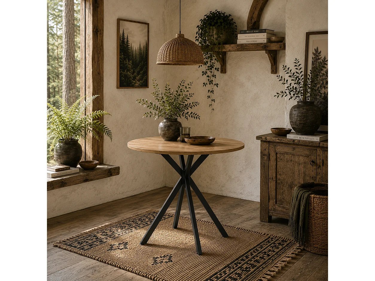Mihafi 80cm Round Dining Table Oak Effect Top Black Metal Cross Leg