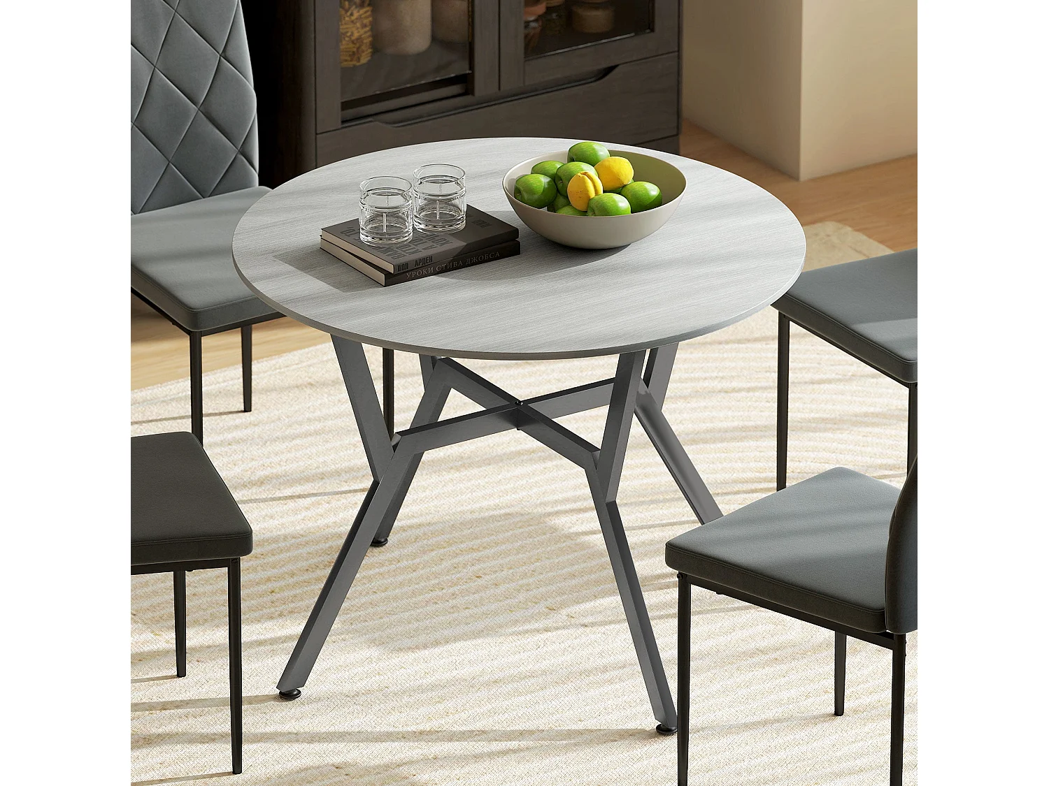 Donato Round Grey Dining Table 90cm Black Metal Legs Anti Slip Feet
