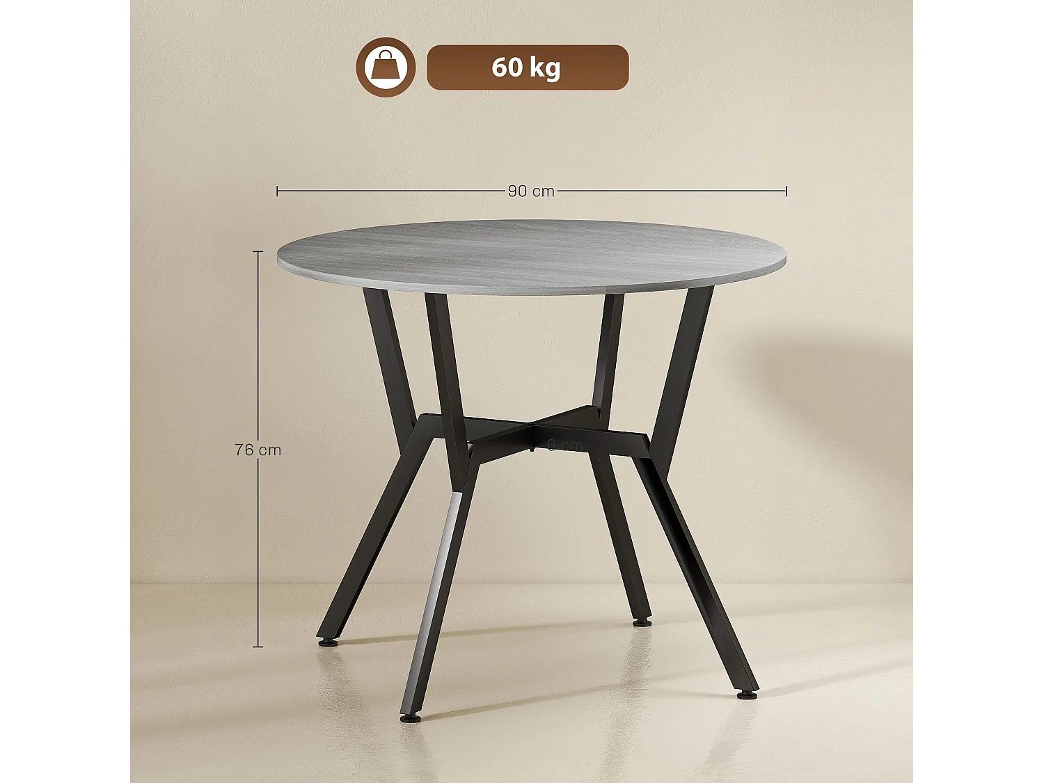 Donato Round Grey Dining Table 90cm Black Metal Legs Anti Slip Feet
