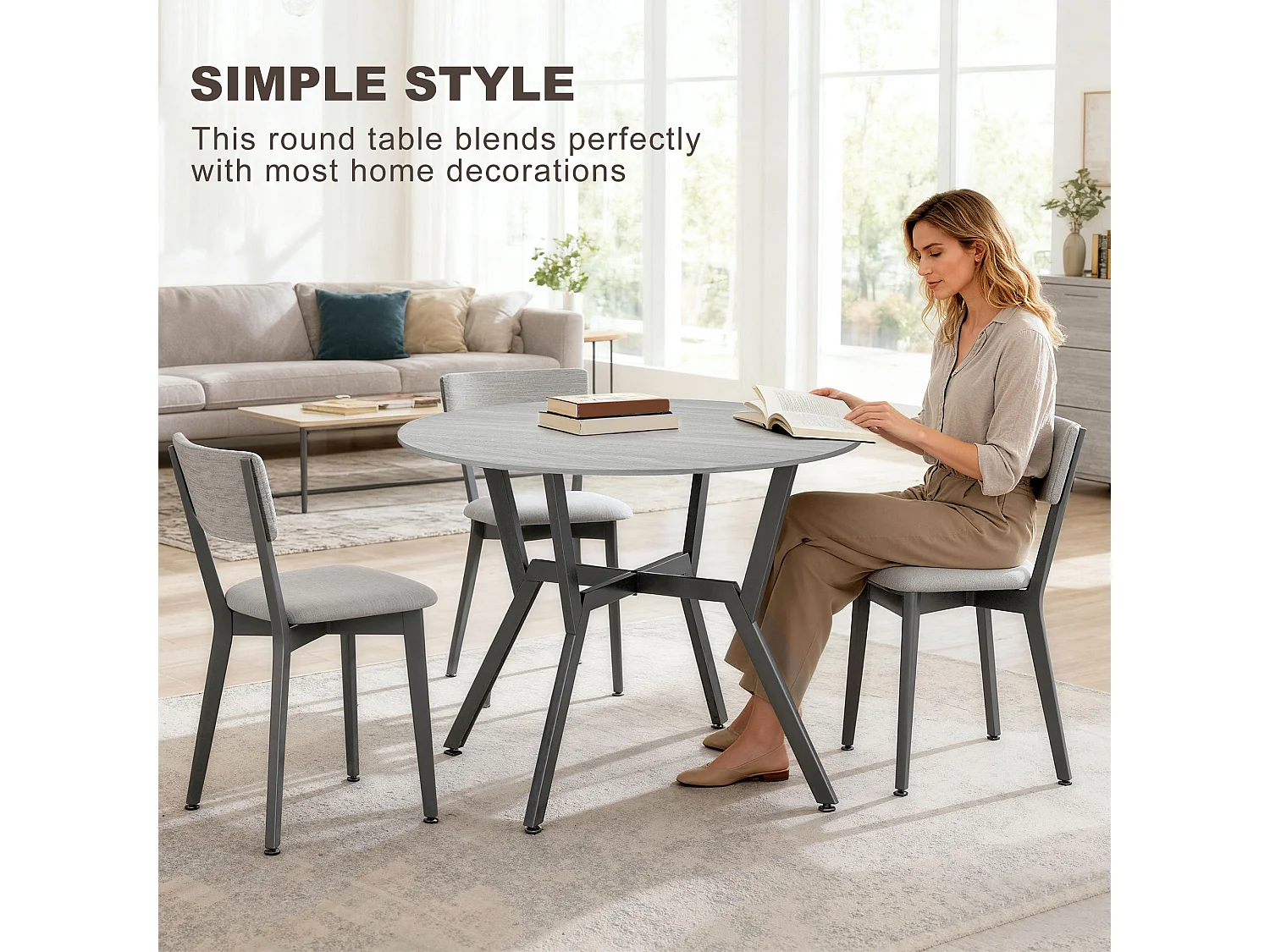 Donato Round Grey Dining Table 90cm Black Metal Legs Anti Slip Feet
