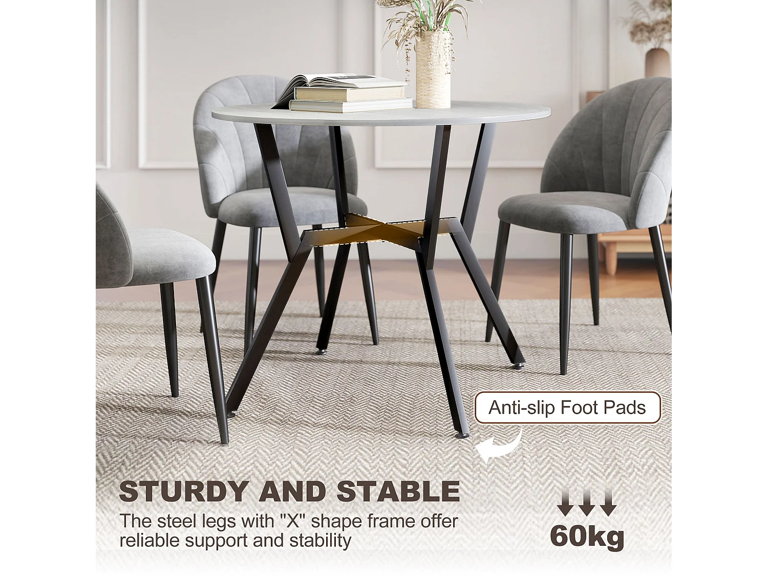 Donato Round Grey Dining Table 90cm Black Metal Legs Anti Slip Feet