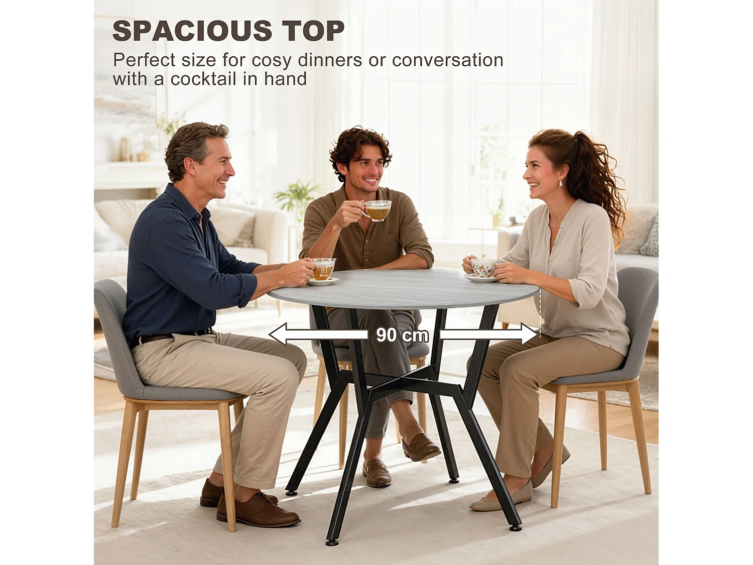 Donato Round Grey Dining Table 90cm Black Metal Legs Anti Slip Feet