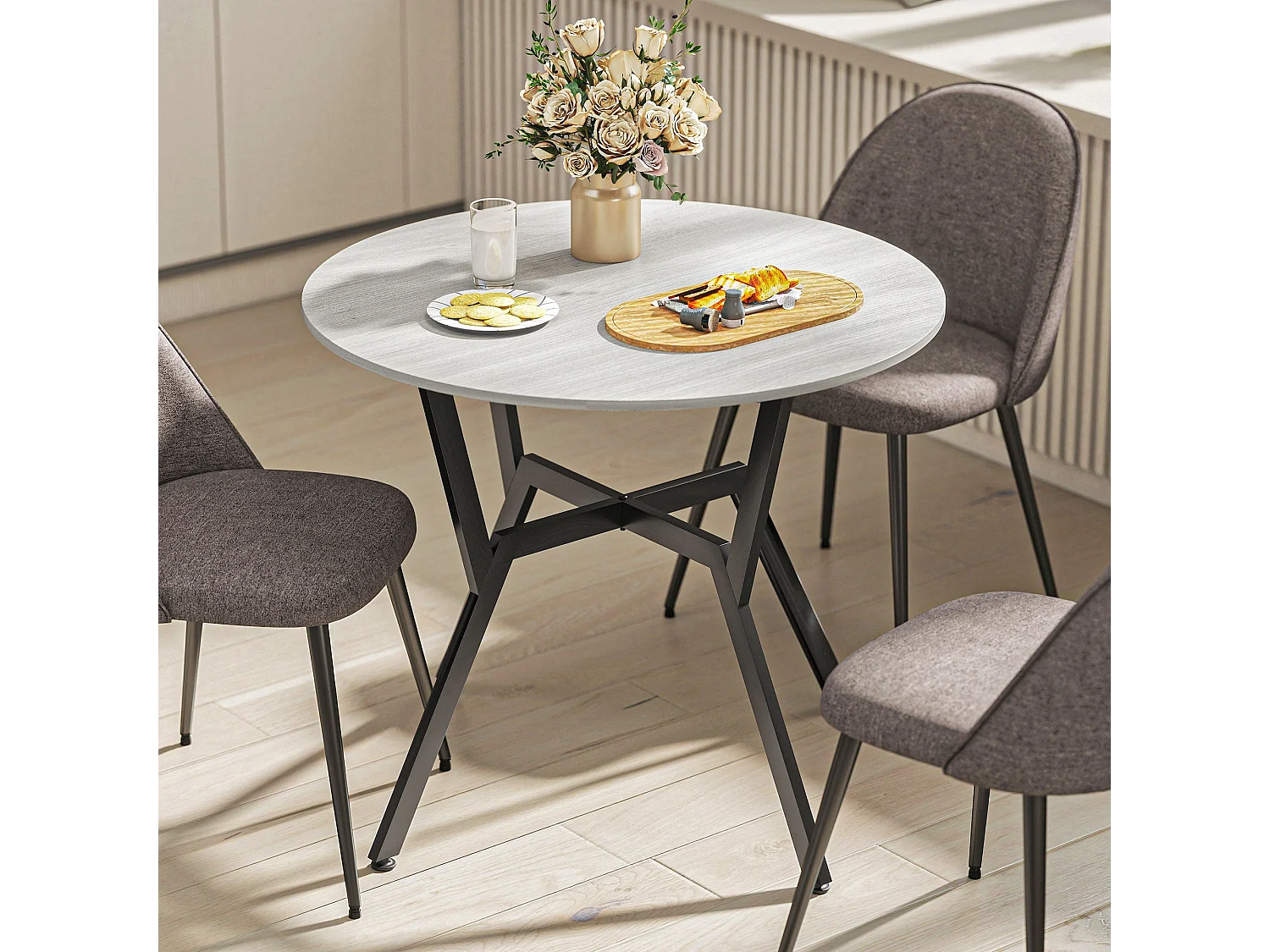 Donato Round Grey Dining Table 90cm Black Metal Legs Anti Slip Feet