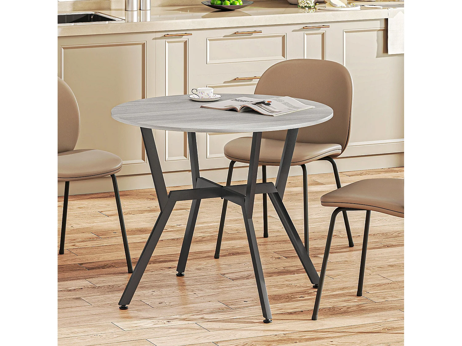 Donato Round Grey Dining Table 90cm Black Metal Legs Anti Slip Feet
