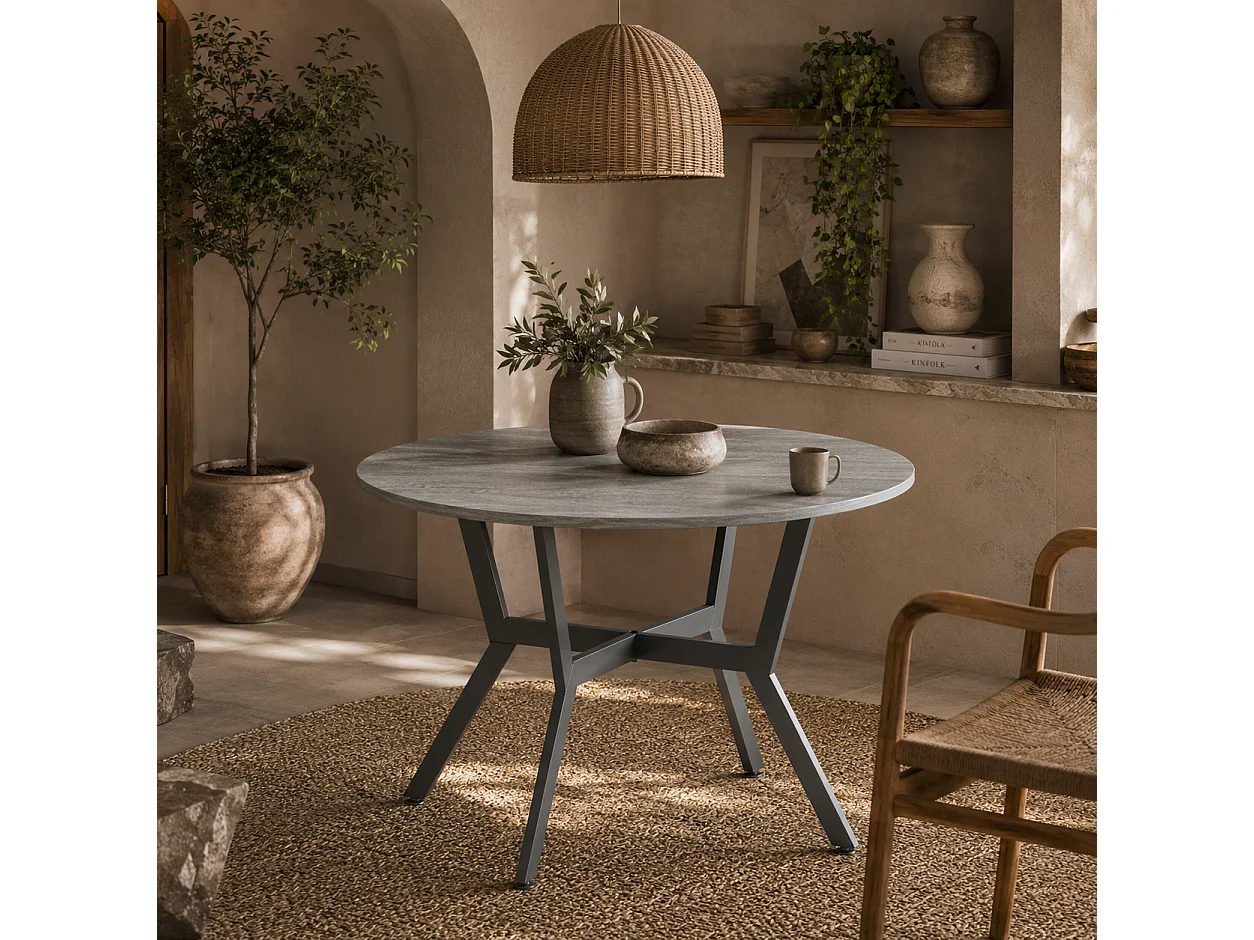 Donato Round Grey Dining Table 90cm Black Metal Legs Anti Slip Feet