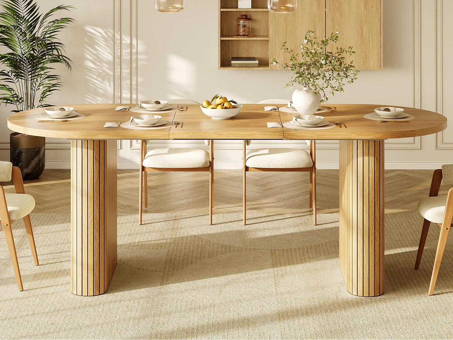 Table à Manger Extensible 120-160x80cm - table à manger ovale en bois - bureau épaissi - MDF + métal - Naturel