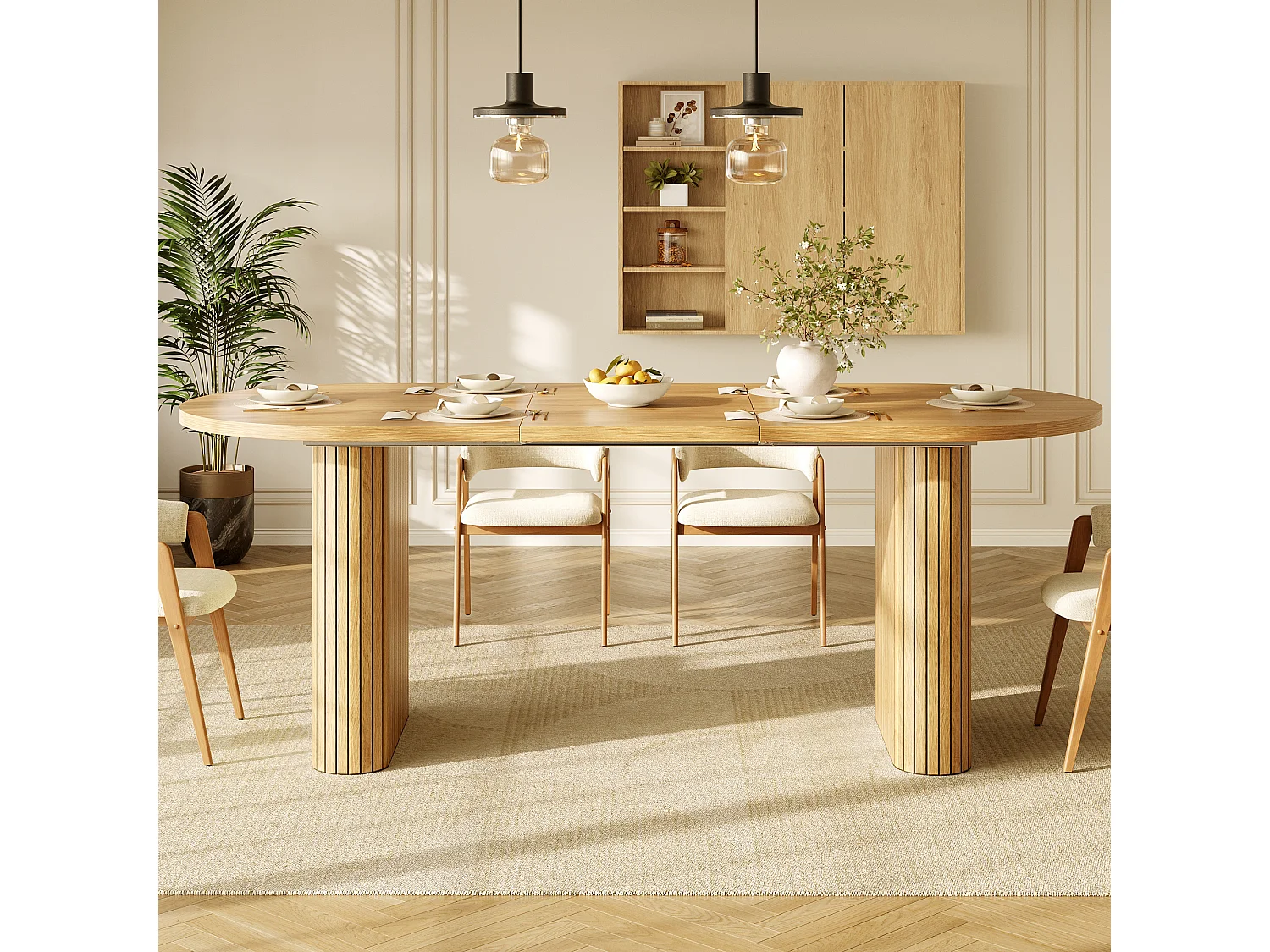 Table à Manger Extensible 120-160x80cm - table à manger ovale en bois - bureau épaissi - MDF + métal - Naturel
