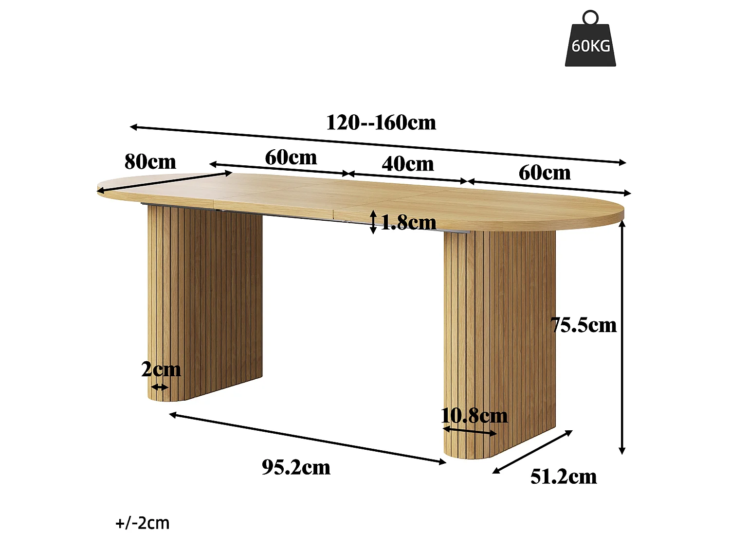 Table à Manger Extensible 120-160x80cm - table à manger ovale en bois - bureau épaissi - MDF + métal - Naturel