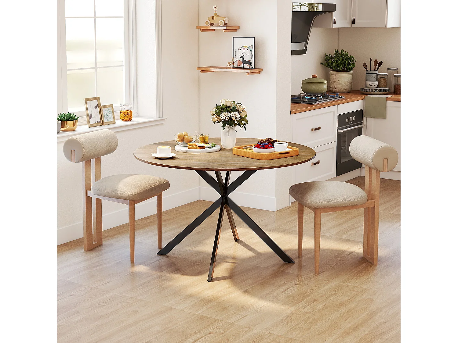 Luhalari 120cm Round Industrial Dining Table Oak Effect Top Black Steel Legs Seats 4