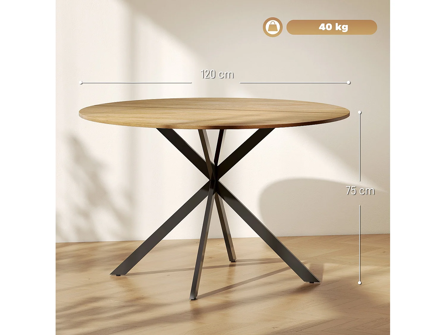 Luhalari 120cm Round Industrial Dining Table Oak Effect Top Black Steel Legs Seats 4