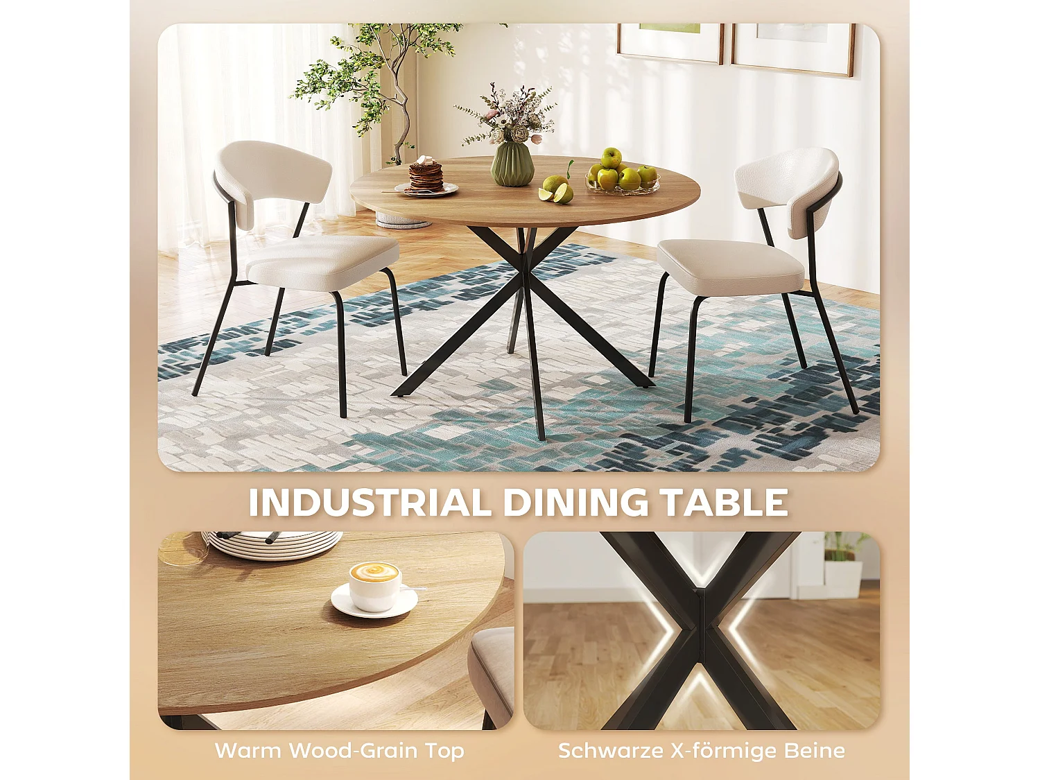 Luhalari 120cm Round Industrial Dining Table Oak Effect Top Black Steel Legs Seats 4