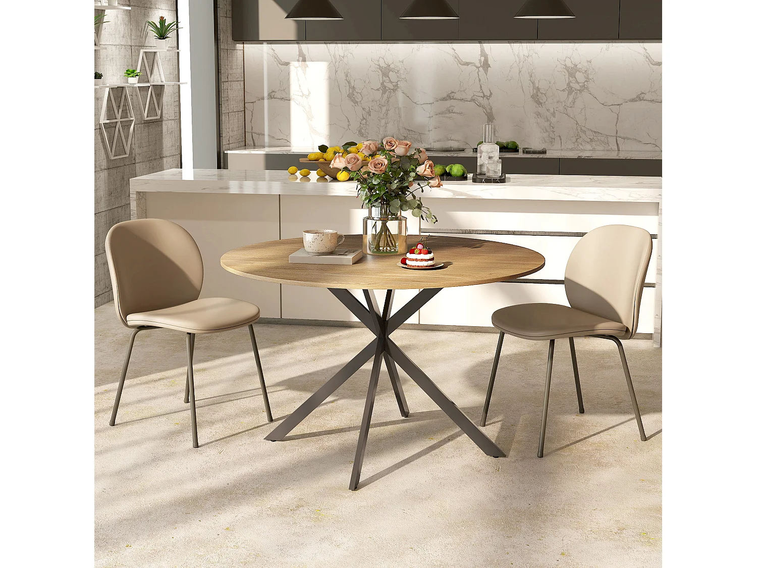 Luhalari 120cm Round Industrial Dining Table Oak Effect Top Black Steel Legs Seats 4