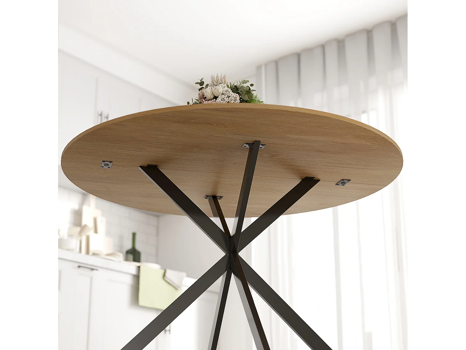 Luhalari 120cm Round Industrial Dining Table Oak Effect Top Black Steel Legs Seats 4