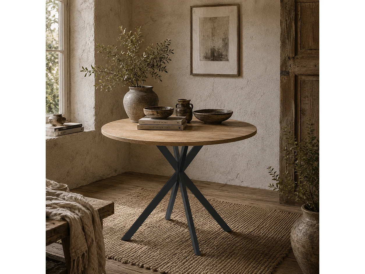 Luhalari 120cm Round Industrial Dining Table Oak Effect Top Black Steel Legs Seats 4