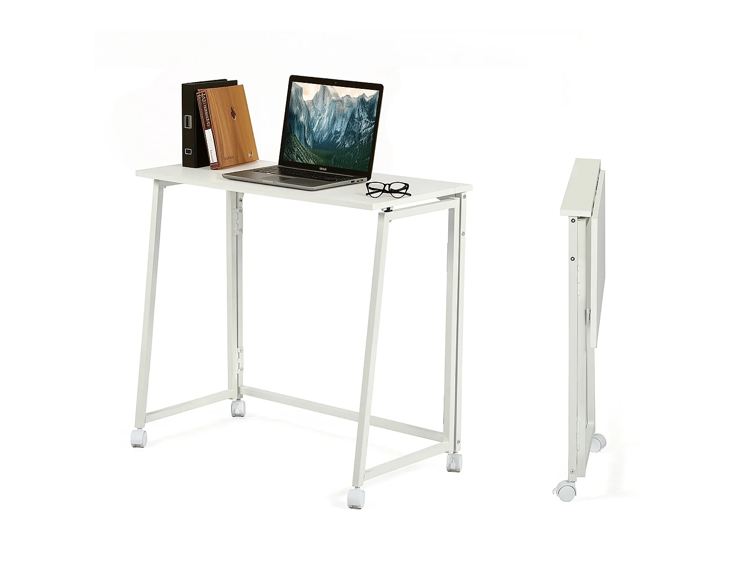 ASCOLI - Bureau pliable industriel avec plateau effet bois blanc et structure en métal blanc