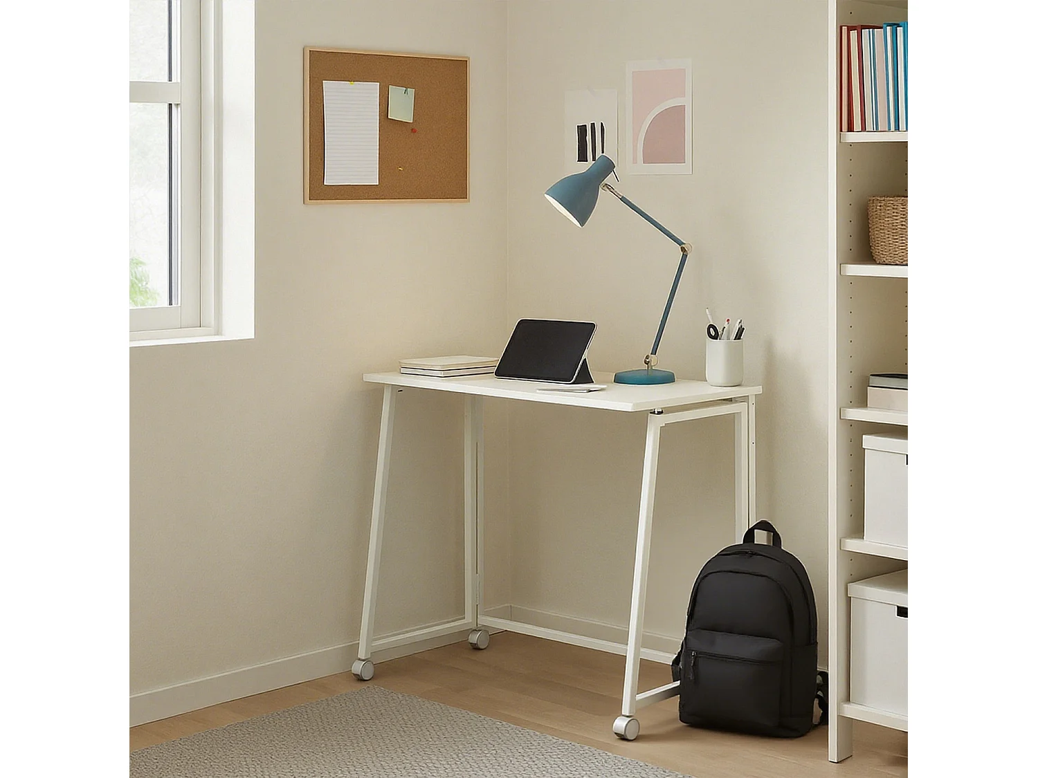 ASCOLI - Bureau pliable industriel avec plateau effet bois blanc et structure en métal blanc