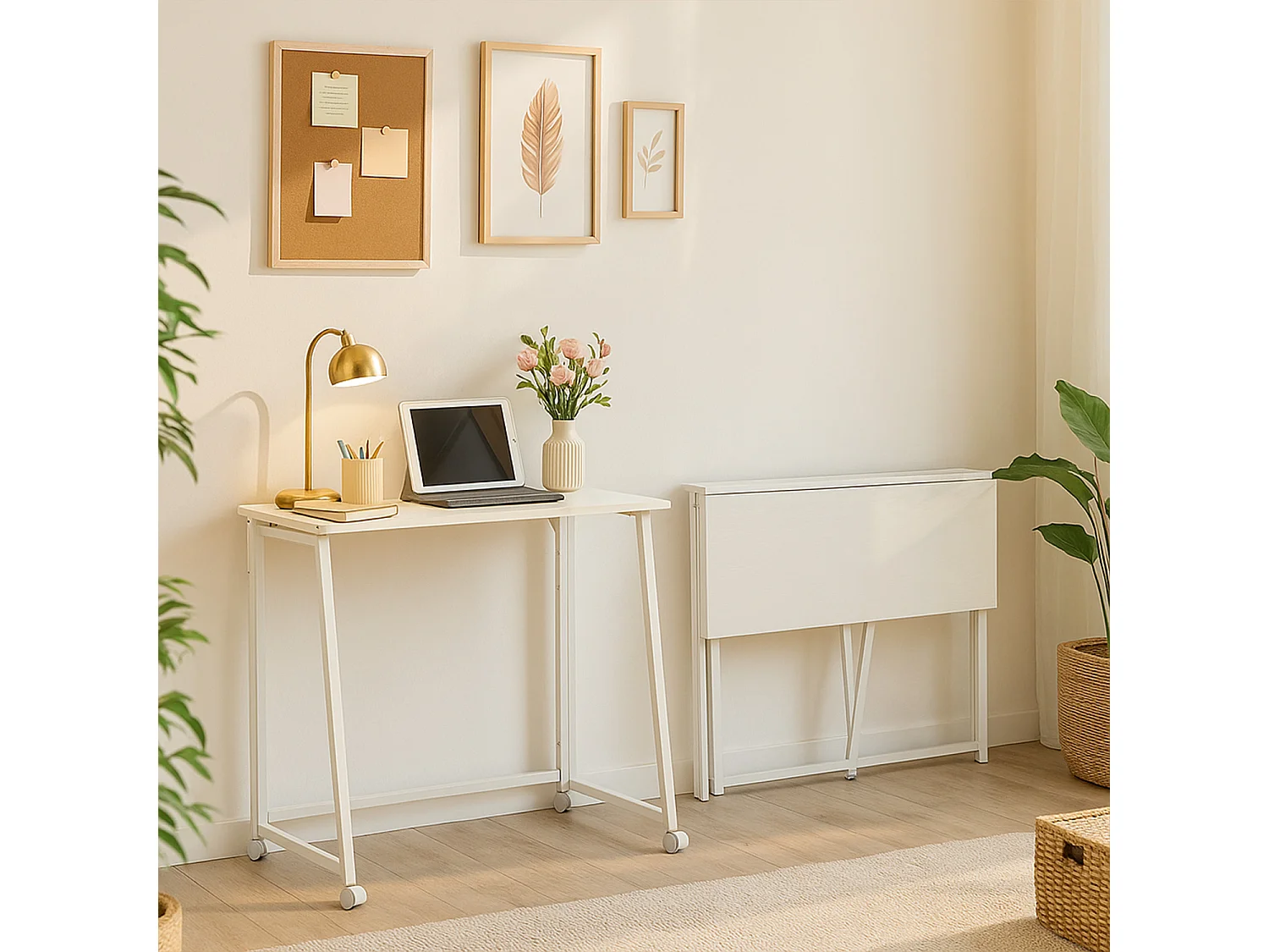 ASCOLI - Bureau pliable industriel avec plateau effet bois blanc et structure en métal blanc