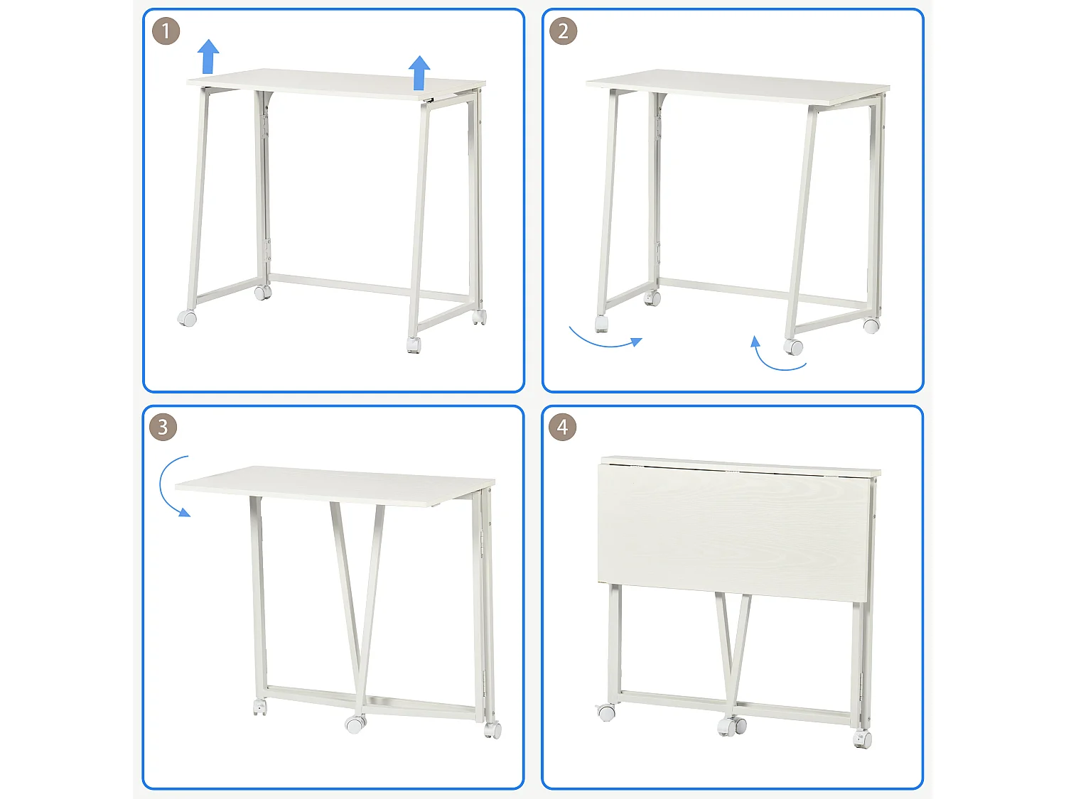 ASCOLI - Bureau pliable industriel avec plateau effet bois blanc et structure en métal blanc