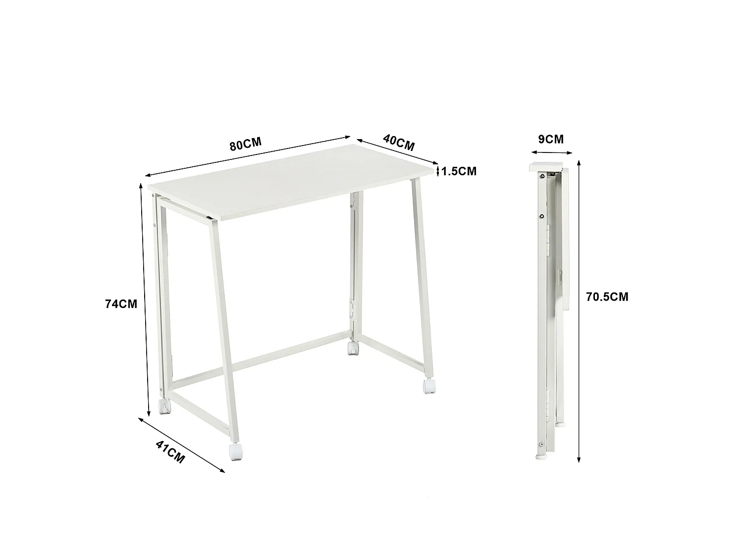ASCOLI - Bureau pliable industriel avec plateau effet bois blanc et structure en métal blanc