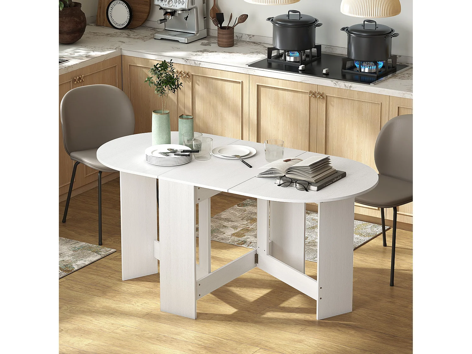 Ziri Oval Drop Leaf Dining Table White Washed Ash Effect Extendable to Seat 6