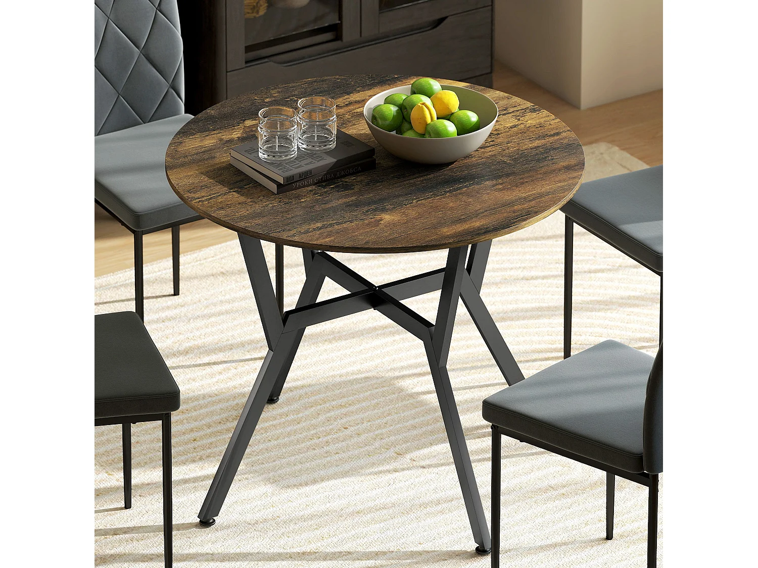 Molu Rustic Brown Round Dining Table With Black Metal Legs 90cm