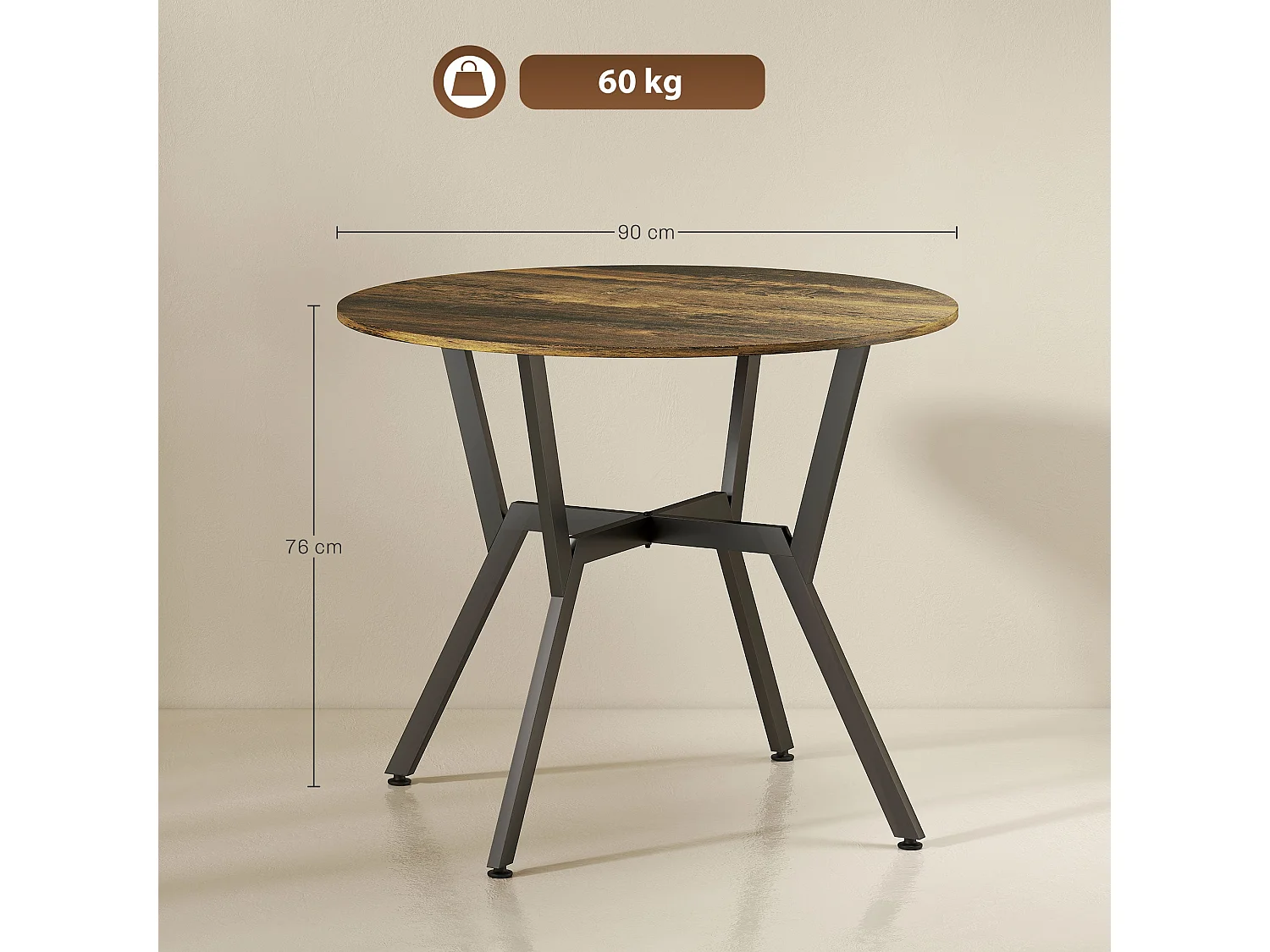 Molu Rustic Brown Round Dining Table With Black Metal Legs 90cm